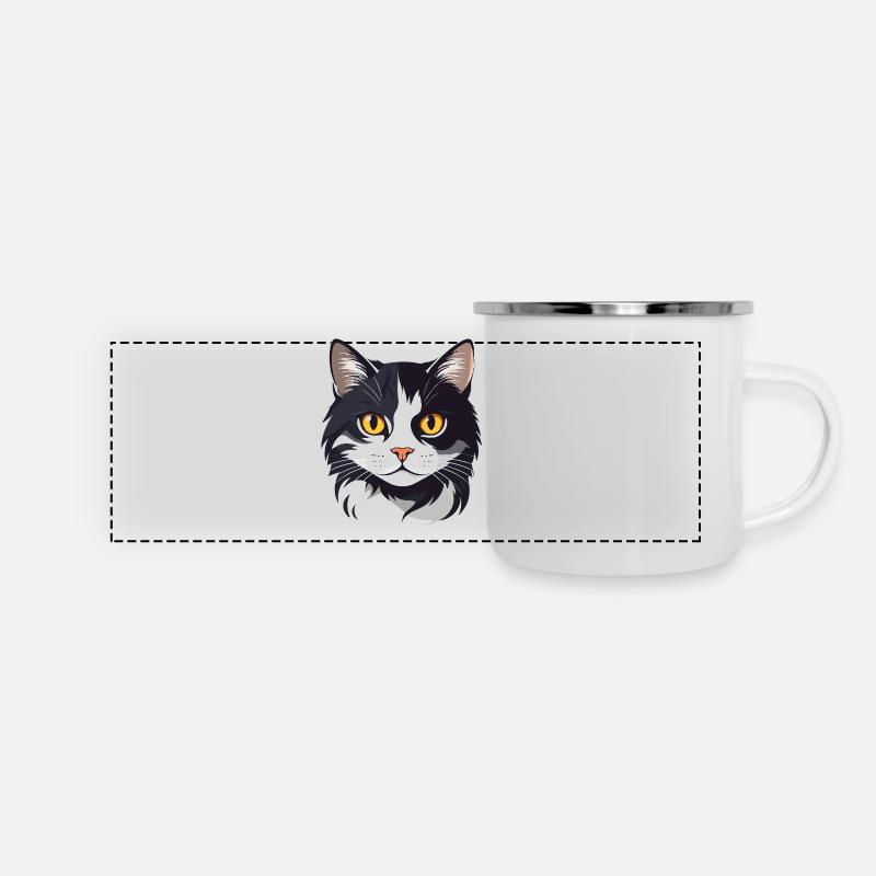 Graphique tête de chat noire et blanche, yeux dorés mignons de chat - Mug panoramique émaillé - blanc