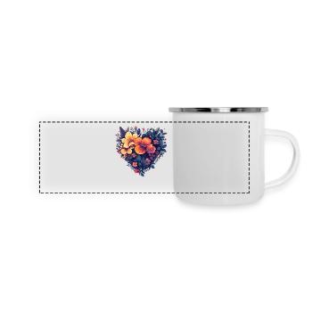 Herz aus stilisierten Blüten - Moderne Blumenkunst - Panorama Emaille-Tasse - Weiß - Vorne