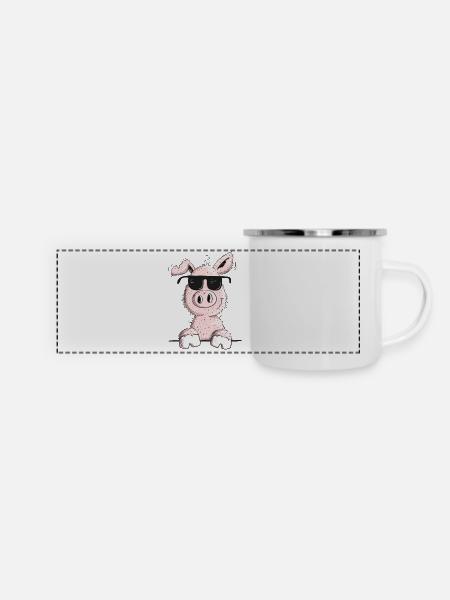 Pfiffiges Schwein mit Sonnenbrille - Panorama Emaille-Tasse - Weiß