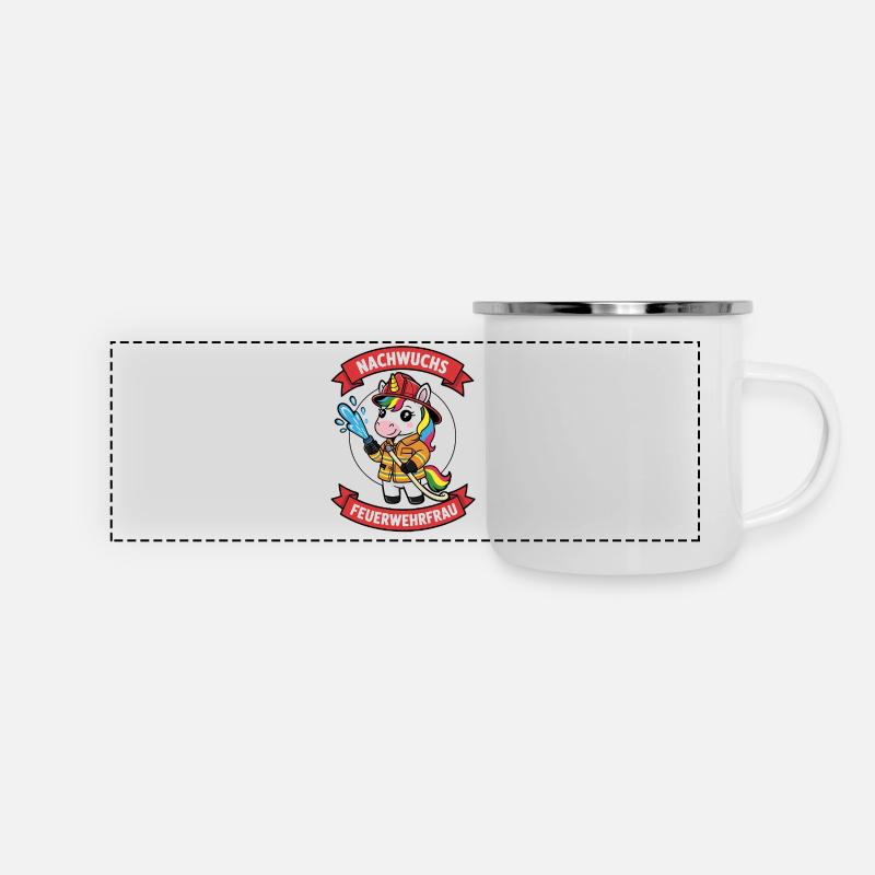 Young firefighter with unicorn - Panoramic Camper Mug - white