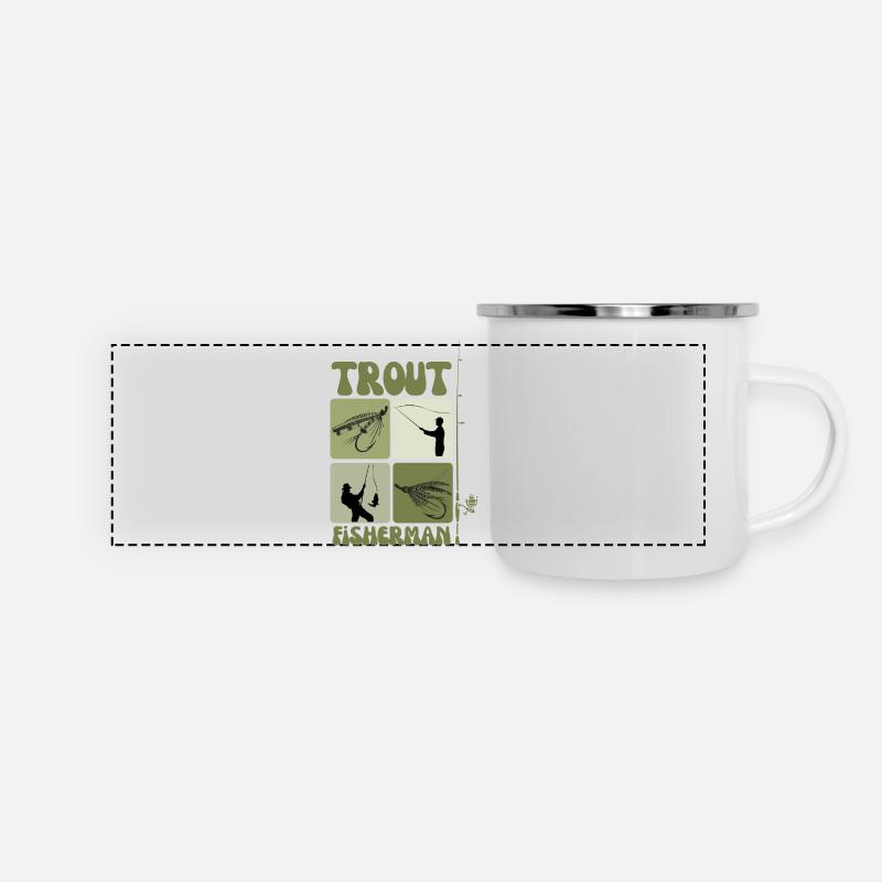 Art de la pêche à la truite - Conception de mouche et de lancer vintage - Mug panoramique émaillé - blanc