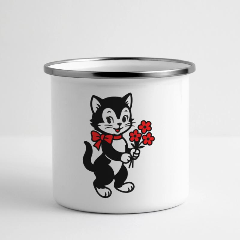 Chat noir avec ruban rouge Mug panoramique émaillé