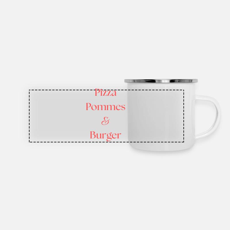 Pizza, Pommes & Burger - Panorama Emaille-Tasse - Weiß
