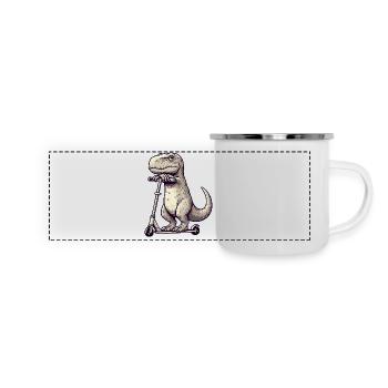 Mürrischer Dino T-Rex auf Kickroller Comic - Panorama Emaille-Tasse - Weiß - Vorne