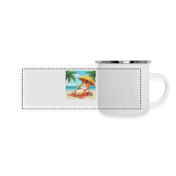 Chat sur la plage au soleil avec boisson - dessin animé - Mug panoramique émaillé - blanc - Devant