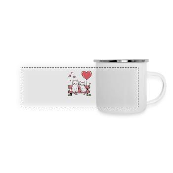 Katzenpaar auf einer Parkbank mit Herzen - Panorama Emaille-Tasse - Weiß - Vorne