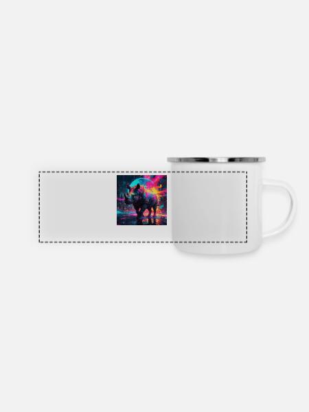 Neon Nashorn - Panorama Emaille-Tasse - Weiß