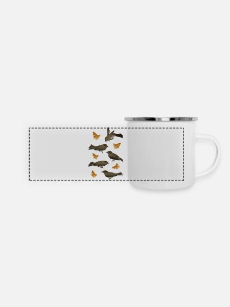 Mönchsgrasmücke mit C-Falter - Panorama Emaille-Tasse - Weiß
