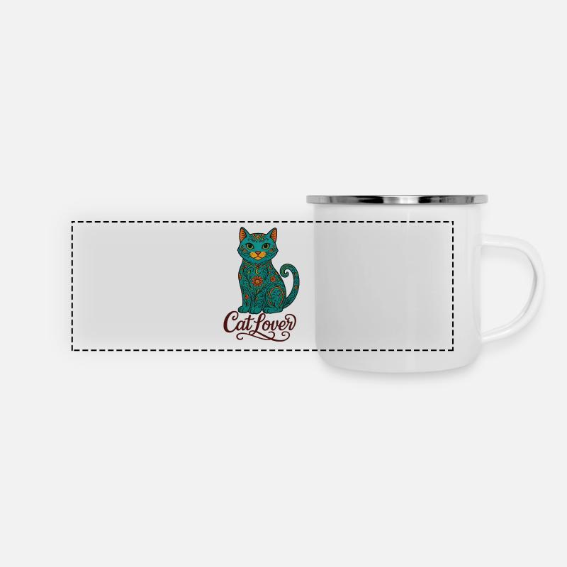 Buntes Katzen-Design – Cat Lover Shirt - Panorama Emaille-Tasse - Weiß