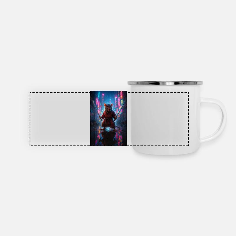 Ratten-Ninja mit Katanas in einer Neon-Stadtlandschaft - Panorama Emaille-Tasse - Weiß