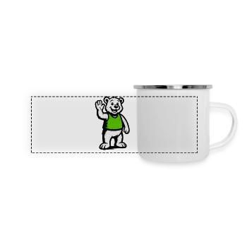 Mascotte : Ours agitant la main en chemise verte - Mug panoramique émaillé - blanc - Devant