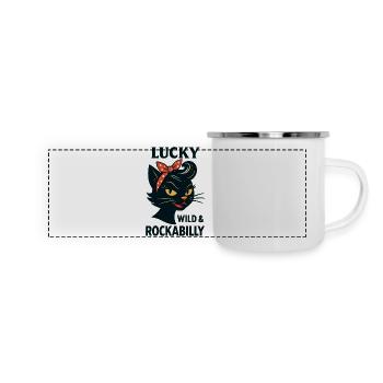 Lucky, Wild & Rockabilly: Schwarze Retro Katze - Panorama Emaille-Tasse - Weiß - Vorne