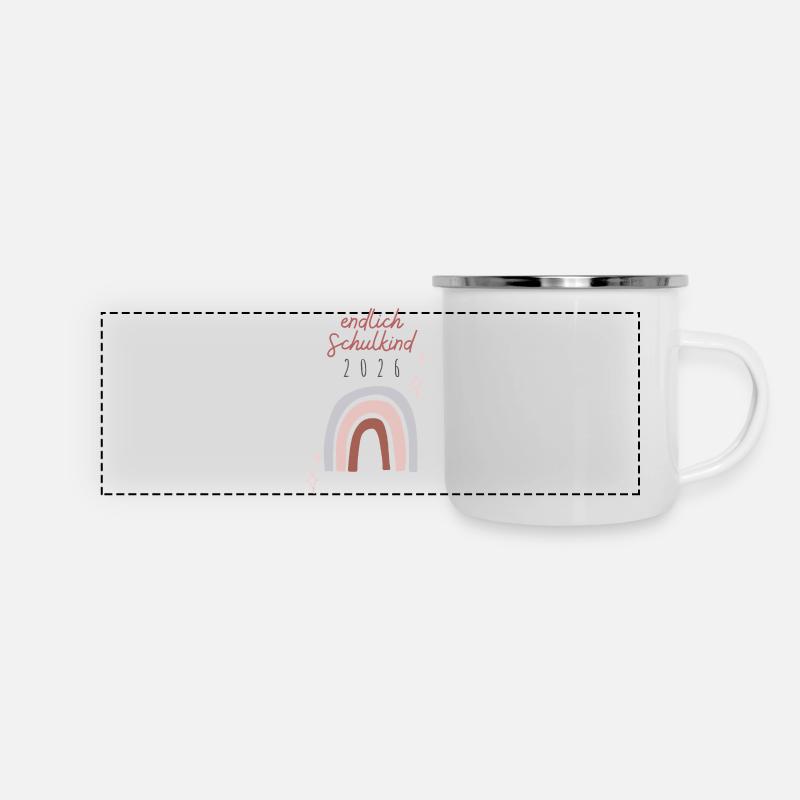 Endlich Schulkind 2026 Regenbogen Schuleinführung  - Panorama Emaille-Tasse - Weiß