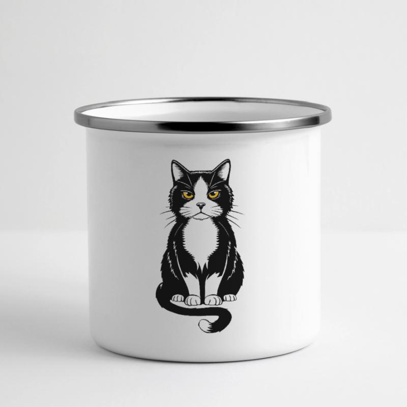 Bild einer sitzenden schwarzen Katze Panorama Emaille-Tasse