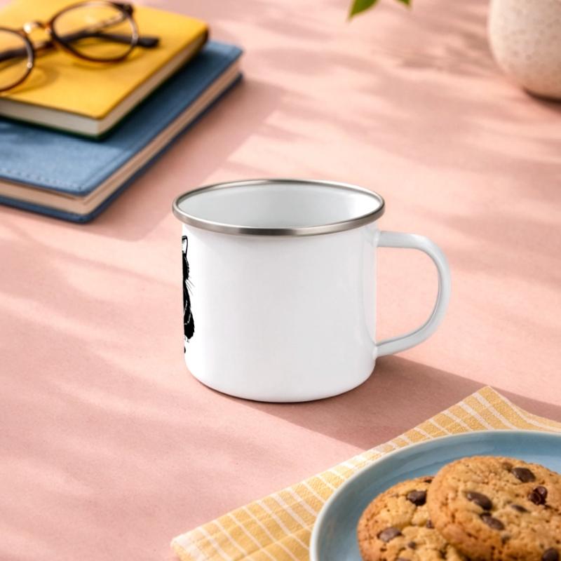 Bild einer sitzenden schwarzen Katze Panorama Emaille-Tasse