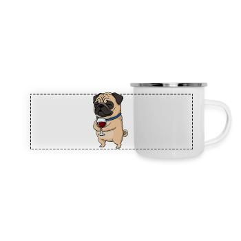 Mignon, carlin, dessin animé, amateur de vin, vin rouge - Mug panoramique émaillé - blanc - Devant