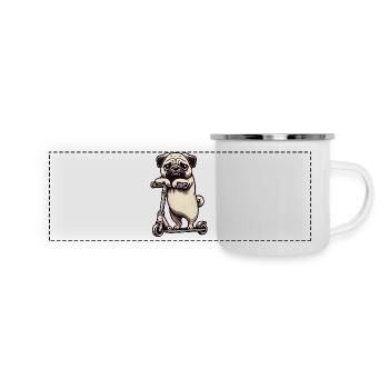 Lustiger Mops auf Scooter Comic Cartoon - Panorama Emaille-Tasse - Weiß - Vorne