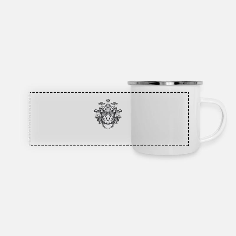 Surreal cat with third eye and mushrooms on its head - Panoramic Camper Mug - white