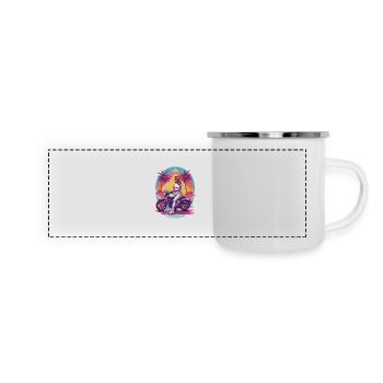 Retro Synthwave Biker Motorrad Design - Panorama Emaille-Tasse - Weiß - Vorne