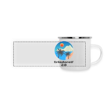 Urlaubsmotiv mit Palmen und Insel, Urlaubsreif 2.0 - Panorama Emaille-Tasse - Weiß - Vorne