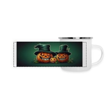Grinsende Halloweenkürbisse mit Zylinder - Panorama Emaille-Tasse - Weiß - Vorne