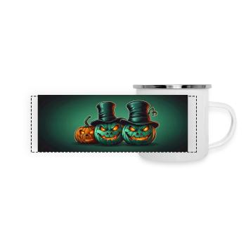Grinsende Halloweenkürbisse mit Zylinder - Panorama Emaille-Tasse - Weiß - Vorne