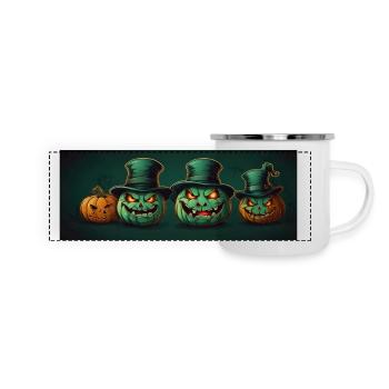 Grinsende Halloweenkürbisse mit Zylinder - Panorama Emaille-Tasse - Weiß - Vorne
