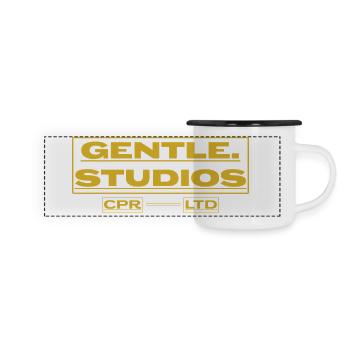 Gentle Studios – Minimalistisches Branding - Panorama Emaille-Tasse - Weiß/Schwarz - Vorne