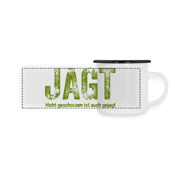 Schriftzug Jagt mit detailreichem Muster - Panorama Emaille-Tasse - Weiß/Schwarz - Vorne