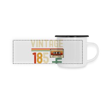 Vintage 85er Kassetten-Neonstreifen - Panorama Emaille-Tasse - Weiß/Schwarz - Vorne