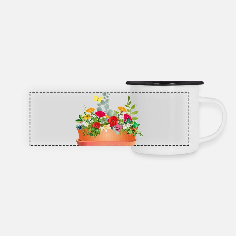 Fleurs colorées dans un bac à fleurs - Mug panoramique émaillé - blanc/noir