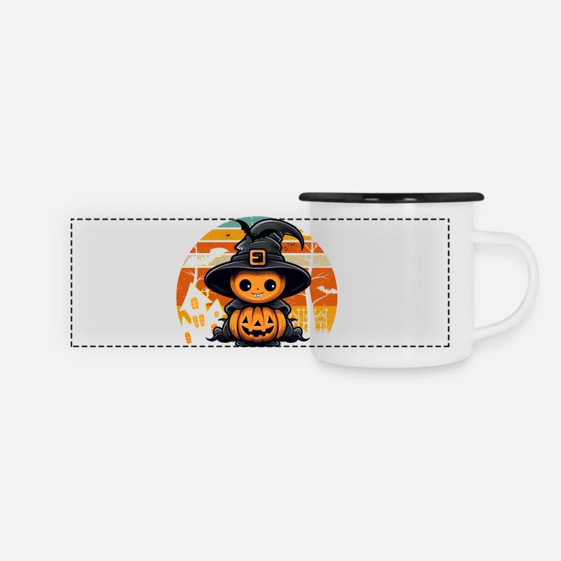 Halloween Süßer Kürbis - Panorama Emaille-Tasse - Weiß/Schwarz