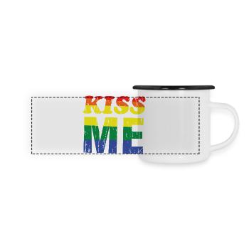Kiss Me Regenbogen Retro-Schrift - Panorama Emaille-Tasse - Weiß/Schwarz - Vorne