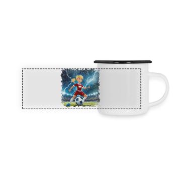 Fussballerin Comicfigur Stadion mit Blitzen - Panorama Emaille-Tasse - Weiß/Schwarz - Vorne