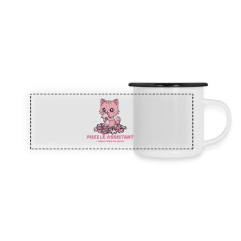 Puzzle Assist und Katzenzitat - Panorama Emaille-Tasse - Weiß/Schwarz - Vorne