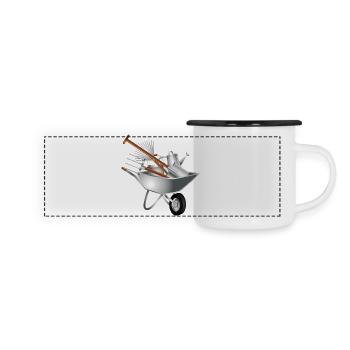 verschiedene Gartengeräte in einer Schubkarre - Panorama Emaille-Tasse - Weiß/Schwarz - Vorne