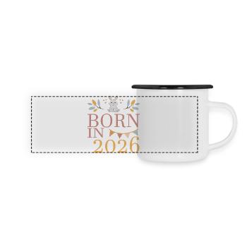 Baby Geboren in 2026 Born in 2026 Süßer Hase - Panorama Emaille-Tasse - Weiß/Schwarz - Vorne