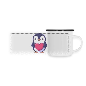 Pinguin mit rotem Herz - Entzückender Cartoon - Panorama Emaille-Tasse - Weiß/Schwarz - Vorne