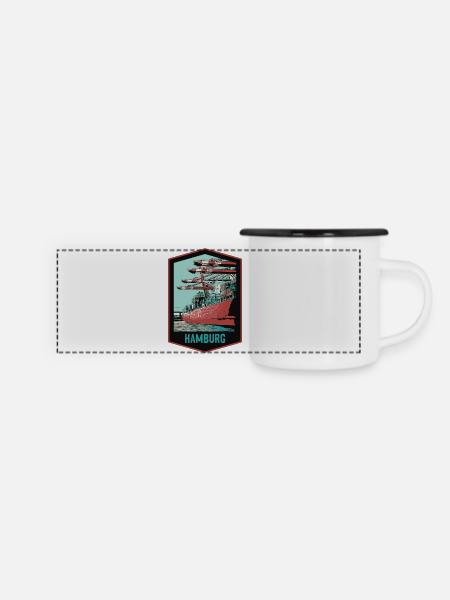 Hamburger Hafen und seine Schiffe - Panorama Emaille-Tasse - Weiß/Schwarz