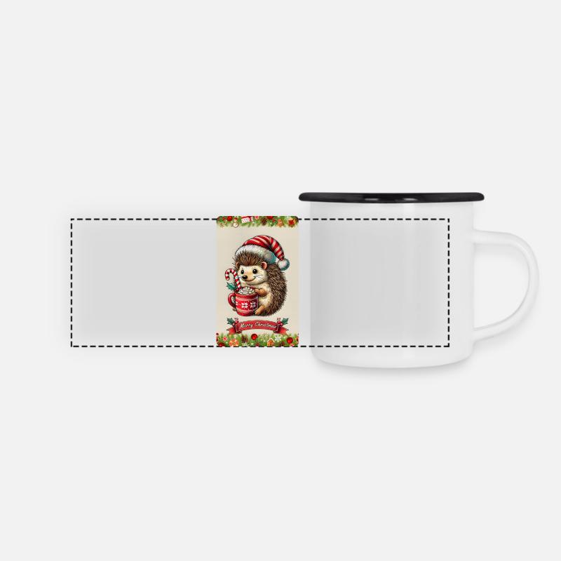 Weihnachtsigel mit heißer Schokolade - Panorama Emaille-Tasse - Weiß/Schwarz