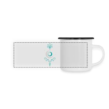 Mondpfeil mit Lotus und Kristall - Mond Spirit - Panorama Emaille-Tasse - Weiß/Schwarz - Vorne