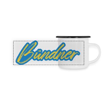 Bündner Schriftzug gelb-blau - Panorama Emaille-Tasse - Weiß/Schwarz - Vorne