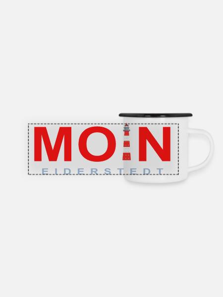Moin Eiderstedt, Leuchtturm Westerheversand - Panorama Emaille-Tasse - Weiß/Schwarz