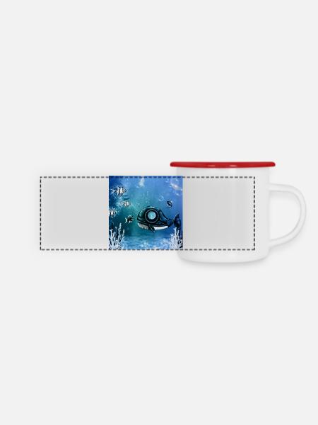 Unterwasserwelt mit Fantasiefischen. - Panorama Emaille-Tasse - Weiß/Rot