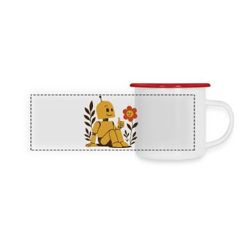 Roboter & Blume – Technik trifft Natur - Panorama Emaille-Tasse - Weiß/Rot - Vorne