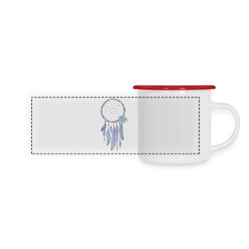 Traumfänger der Farben – sanfte Träume & Harmonie - Panorama Emaille-Tasse - Weiß/Rot - Vorne
