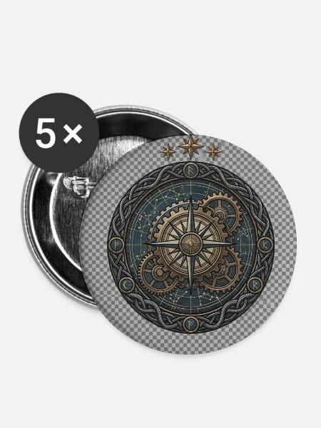 Steampunk Kompass-Zahnrad-Emblem - Buttons klein 25 mm (5er Pack) - Weiß
