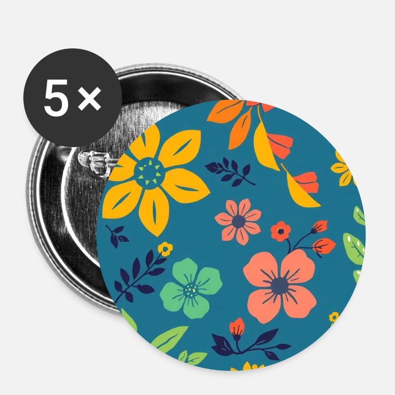 Retro style floral pattern on dark blue - Buttons small 1''/25 mm (5-pack) - white