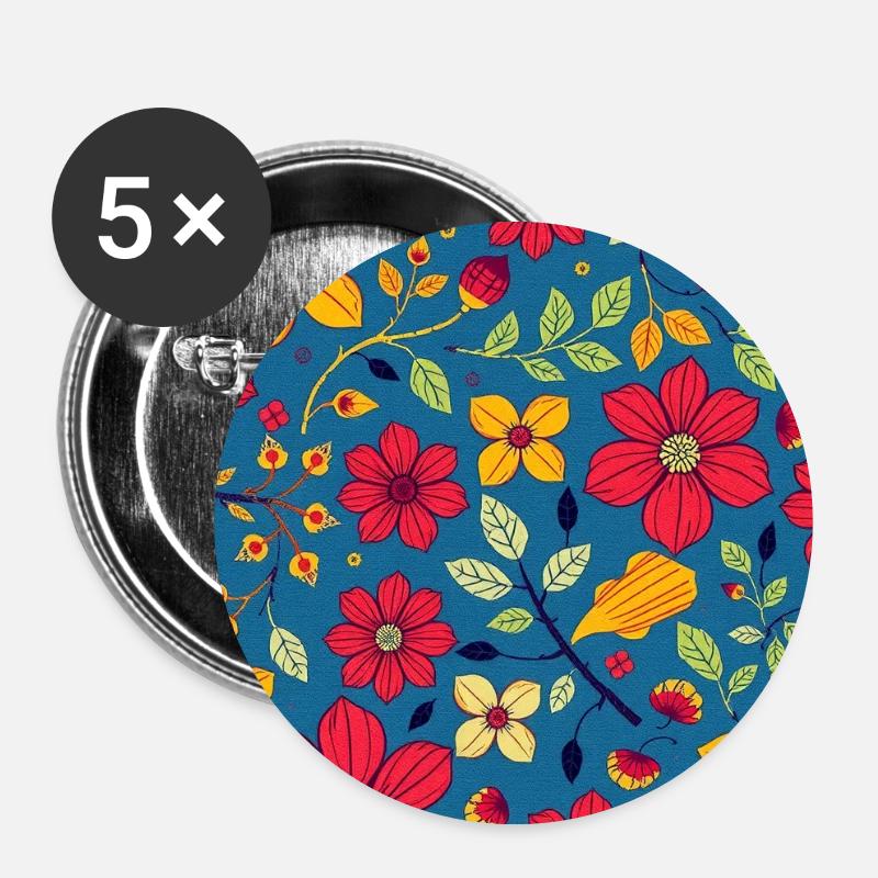 Floral pattern with red and yellow on blue - Buttons small 1''/25 mm (5-pack) - white