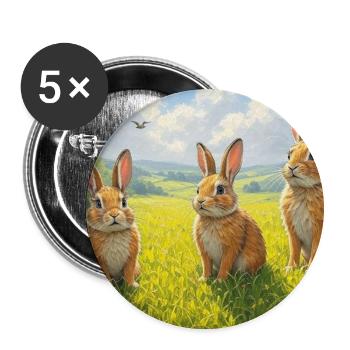 Trois lapins dans le champ de printemps - Lot de 5 petits badges (25 mm) - blanc - Devant
